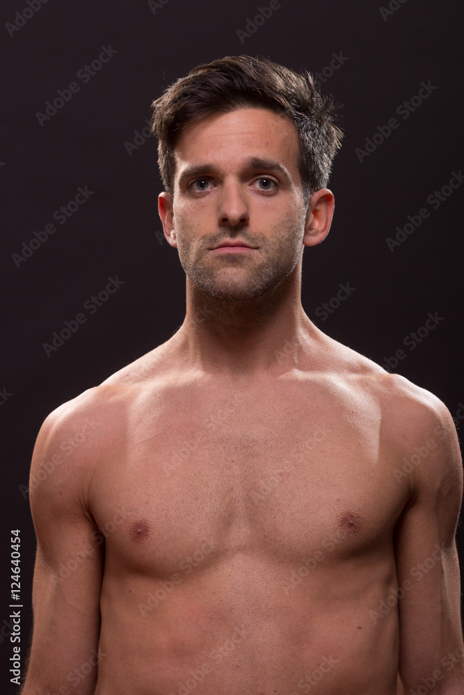 confused young man shirtless nude chest head face
