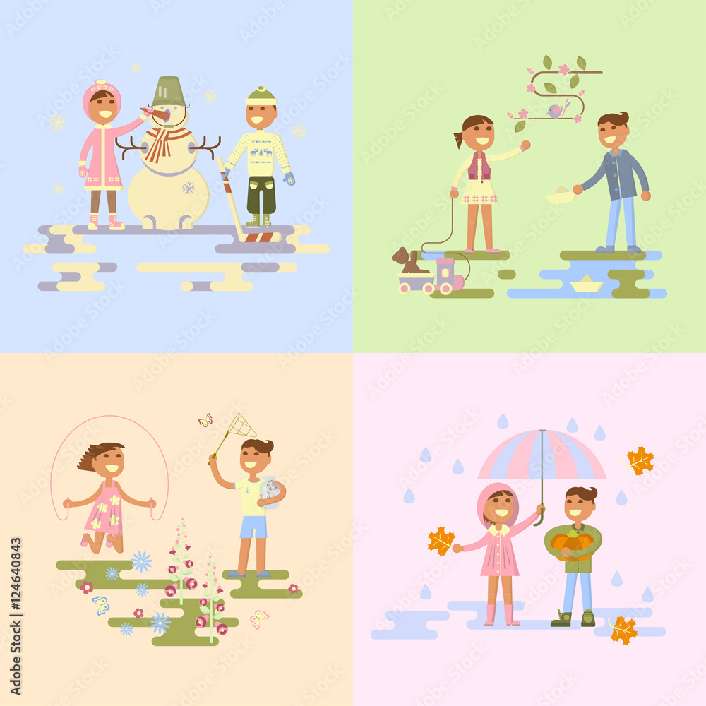 Set with babies. Flat design, boy and girl four seasons. autumn, winter, spring, summer. Cartoon characters, illustration vector eps10