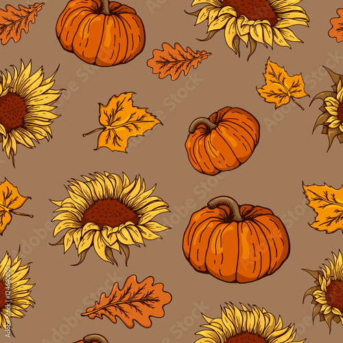Autumn pattern with sunflowers and pumpkins