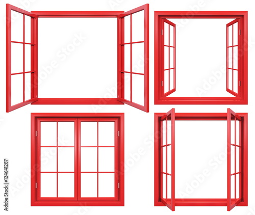 Collection of red window frames isolated on white