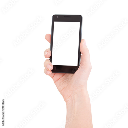Woman hand holding black smartphone with blank screen, isolated.