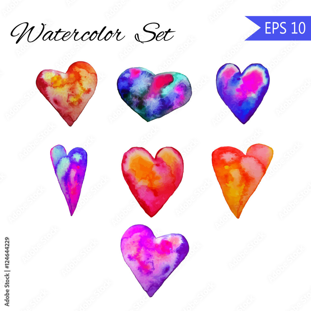 Set of Watercolor painted red heart, vector element for your design. Hand-drawn. On white background