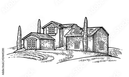 Rural landscape with villa, field, tree and farm.