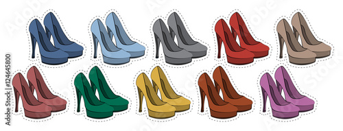Vector set of stickers badges female shoes in different colors 80s-90s comic style