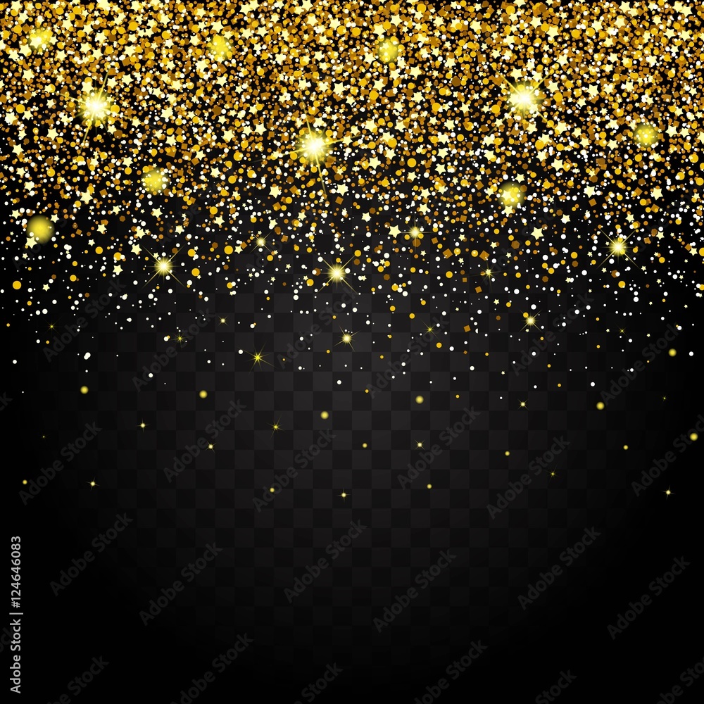 Effect of flying parts gold glitter luxury rich design background. Dark background effect. Stardust spark the explosion on a transparent background. Luxury. Vector illustration