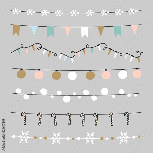 Set of Christmas borders, strings, garlands, brushes. Praty decoration with Christmas balls, baubles, lights, flags. vector.