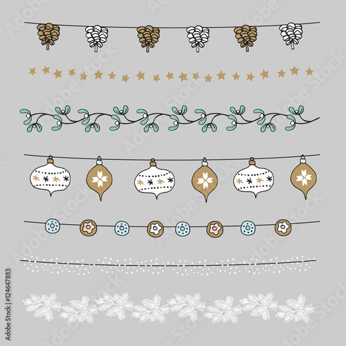 Set of Christmas borders, strings, garlands, brushes. Praty decoration with pine cones, mistletoe, Christmas balls, baubles.