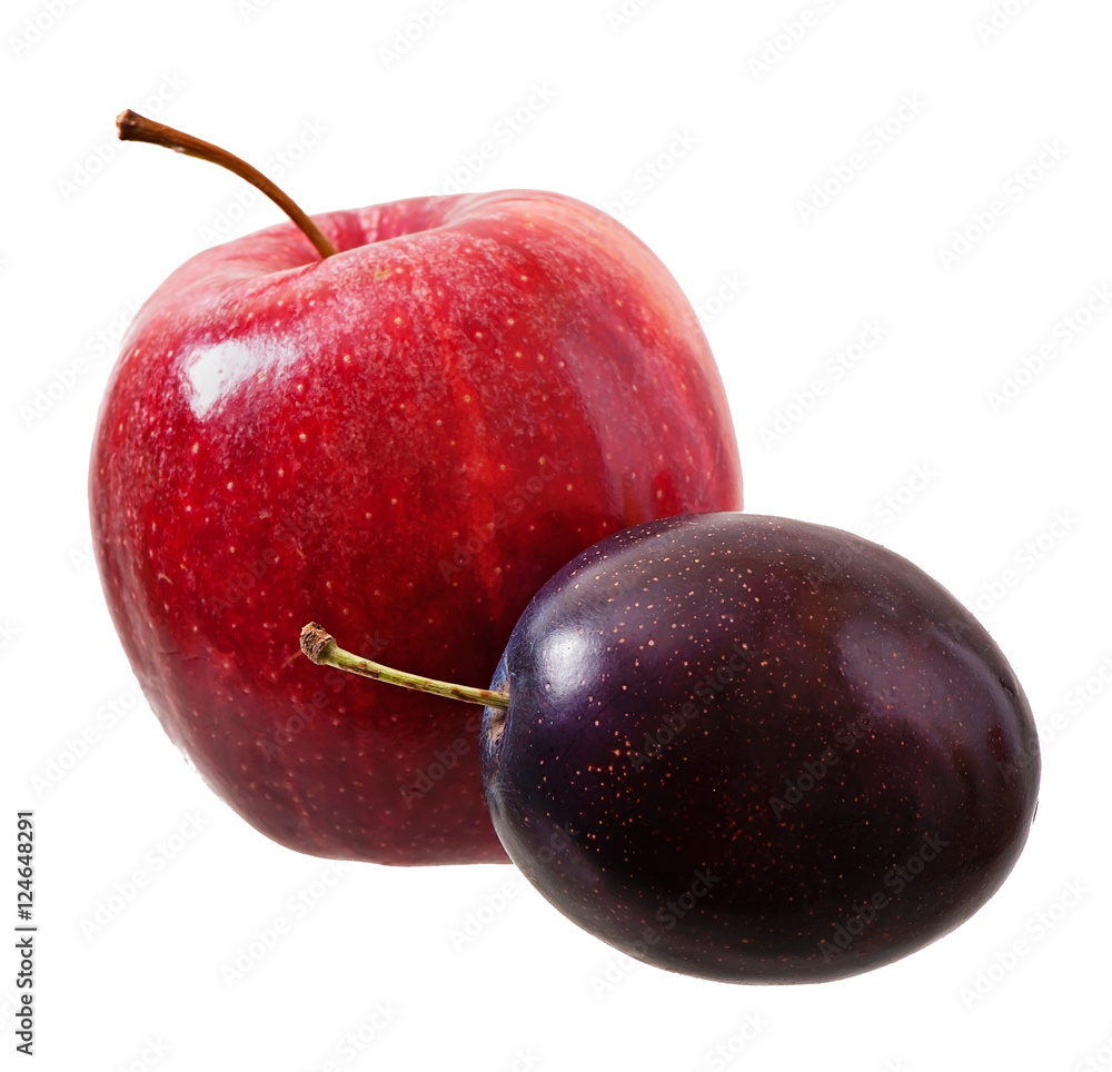 Ripe apples and plums isolated on a white background.