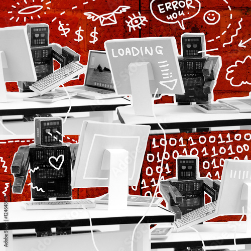 Group Robot Bots work with the computer