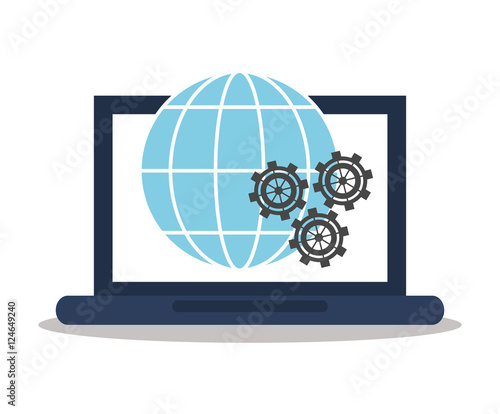 Laptop global and geas icon. digital marketing media and seo theme. Colorful design. Vector illustration