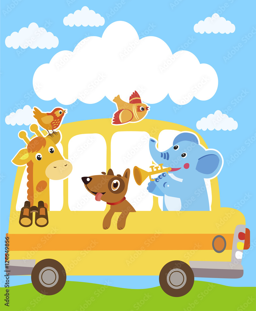 Giraffe, Elephant, Dog, Sparrow. Animals On The Yellow Bus. Funny Animals  Party Card Design. School Bus Toy. School Bus Image. Stock Vector | Adobe  Stock