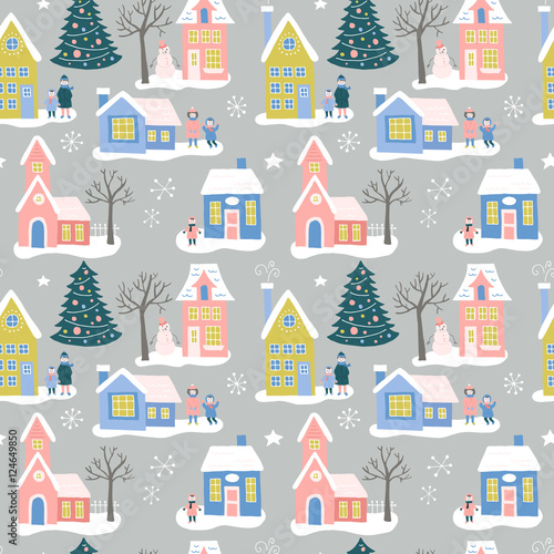 Christmas holiday seamless pattern design with houses and family