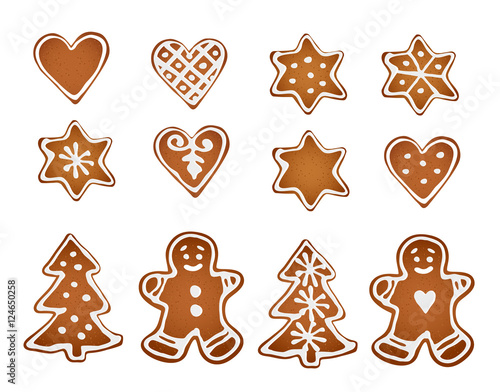Set of gingerbread cookies. Decorative gingerbread man, stars, hearts and christmas tree with icing on white background. Vectors