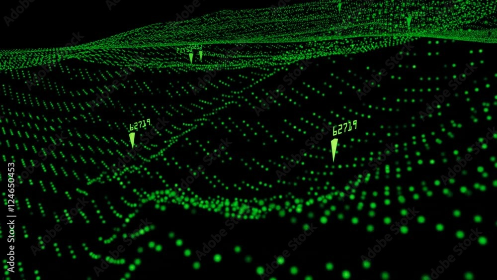 Virtual terrain flyover / 3D animation of camera sweeping over particle terrain with location markers