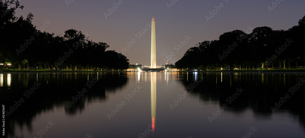 The Washington Monument illuminated at night with reflections on the Lincoln Memorial reflecting pool