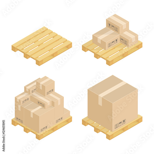 Isometric cardboard boxes and pallets.