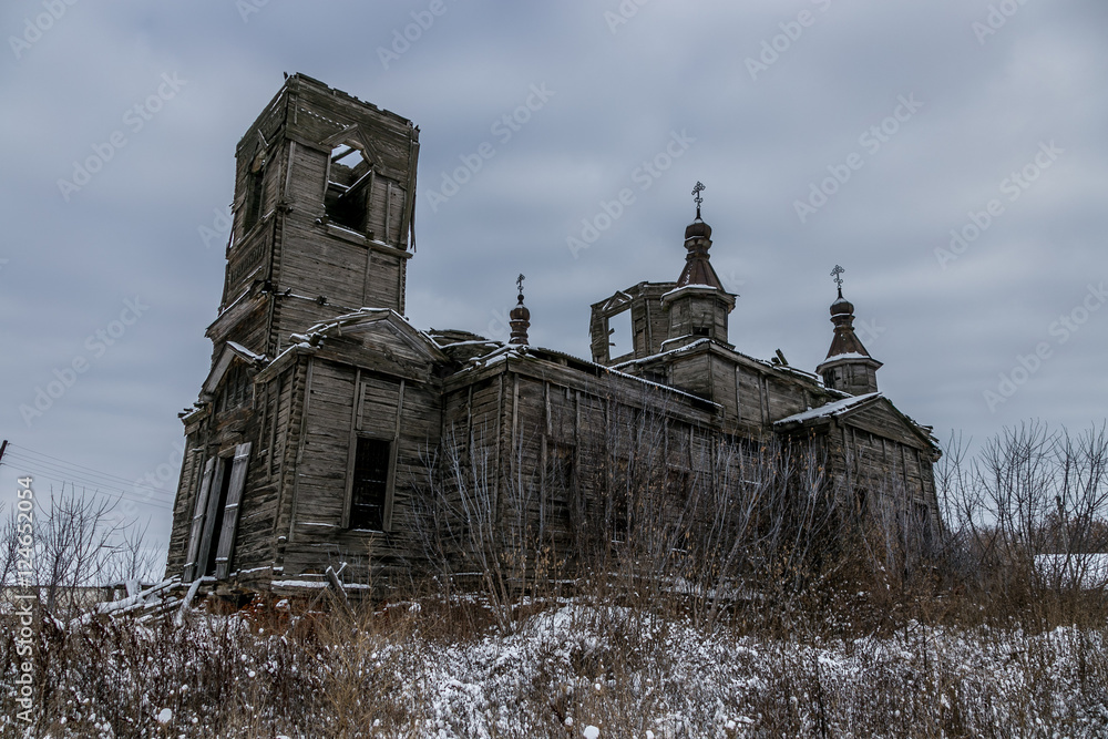 An old abandoned wooden Church of the Intercession of the Holy Virgin in Kamenka, Kursk region. in Russia