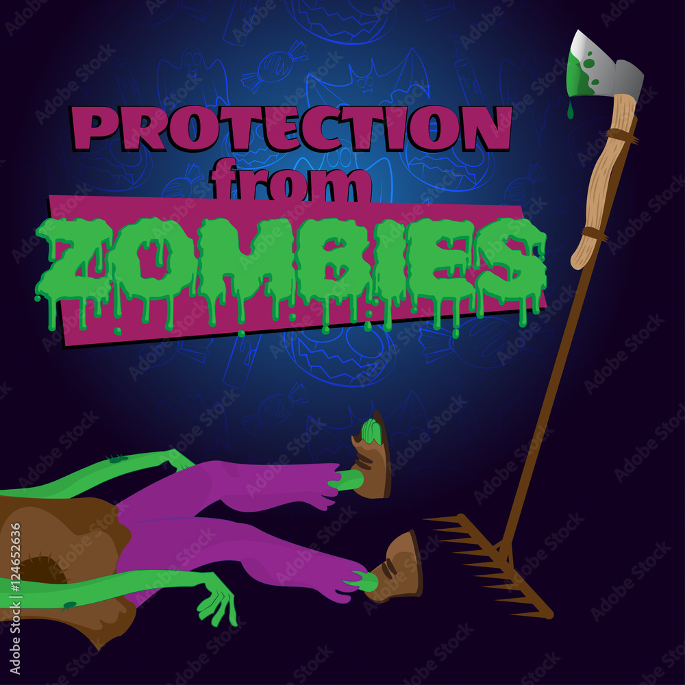 Protection from zombies. A zombie stepped on a rake with an axe. Vector