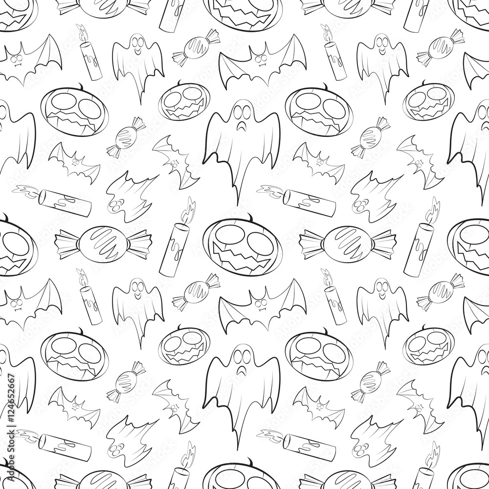 Halloween seamless pattern with pumpkin, bat, ghost, candy and candle. Vector illustration.