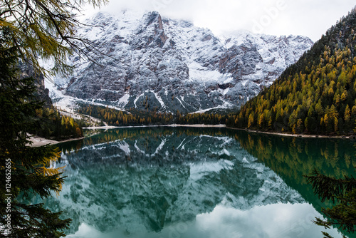 Lago di Braies scenic mountain lake in Alto Adige Italy photo