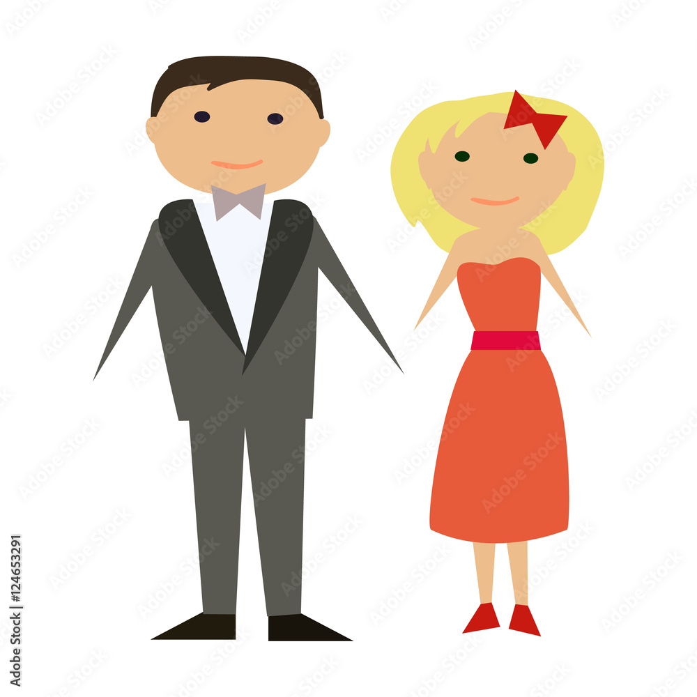 Vector happy couple in flat style. Man and woman in official clothing isolated on white background.