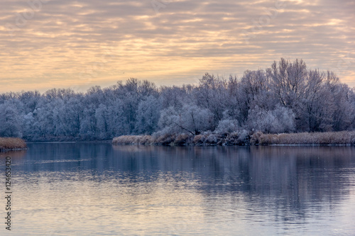 Trees covered with with hoarfrost reflected in the river