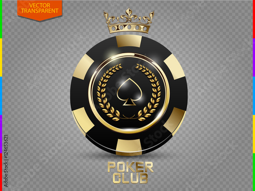 VIP poker black and golden chip vector. Royal poker club casino emblem with crown, laurel wreath and spades isolated on transparent background