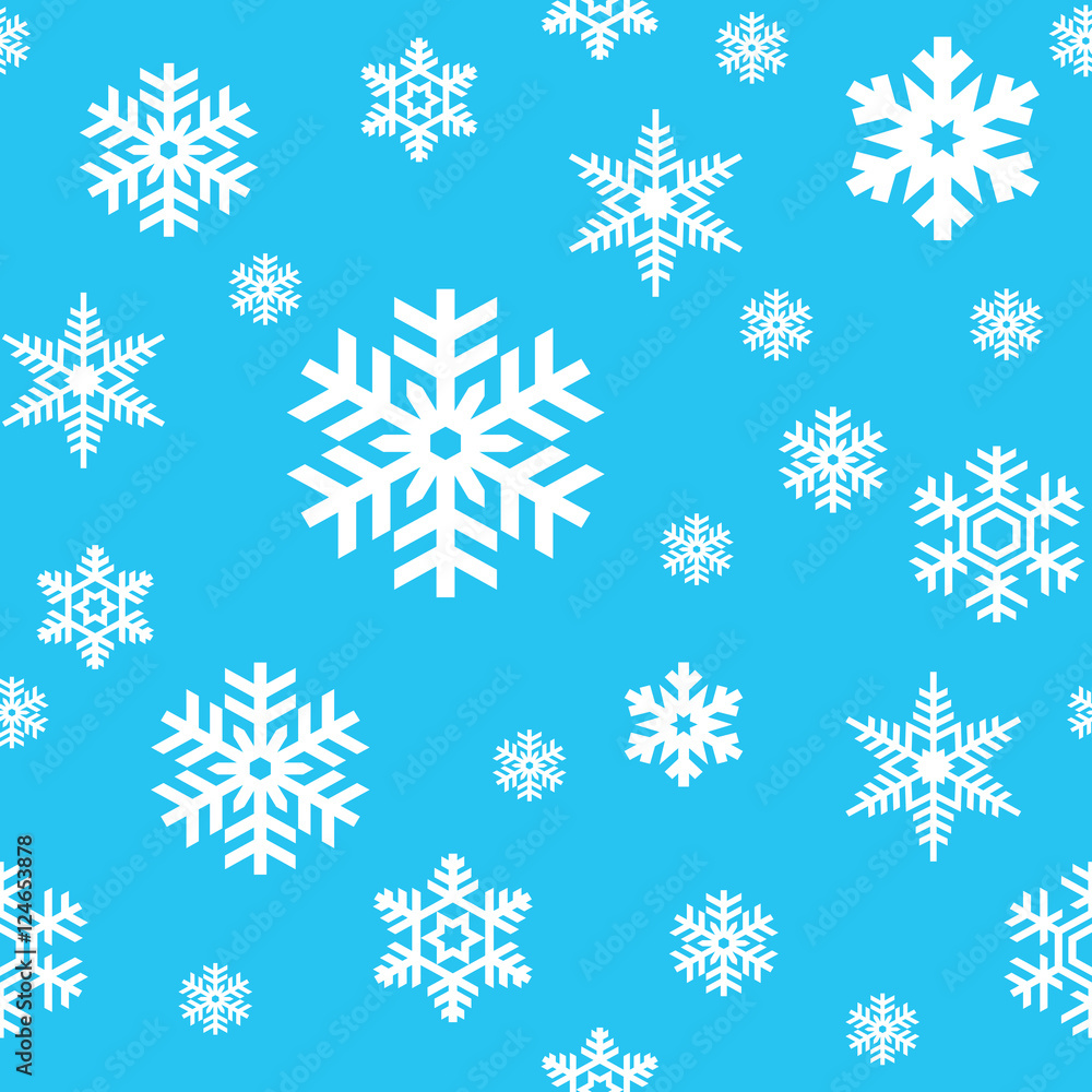 Seamless pattern of white snowflakes on sky blue background. Snowfall stylized wrapping texture. Winter repeating backdrop. Falling snow vector illustration in eps8. Seamless pattern of white snowflakes on sky blue background. Snowfall stylized wrapping texture. Winter repeating backdrop. Falling snow vector illustration in eps8.