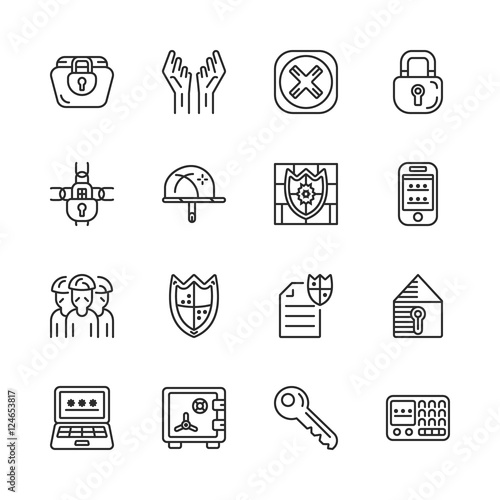 vector set of security and protection line icons
