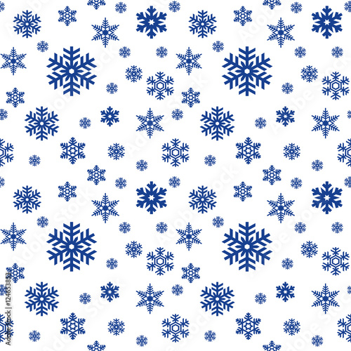 Seamless pattern of blue snowflakes on white background. Snowfall stylized wrapping texture. Winter repeating backdrop. Falling snow vector illustration in eps8.