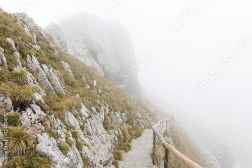 mountain path stairs of pilatus in the morning fog. In lucerne, photo