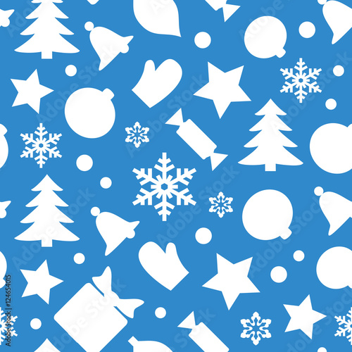 Christmas seamless pattern with snowflakes, xmas tree, bells, glove, gift box and other symbols. Flat silhouette icons isolated on blue background. Wrapping texture vector illustration in eps8.