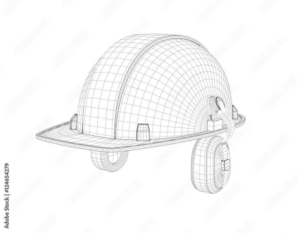 Wireframe of 3d model safety helmet with earphones isolated on the white background. Wireframe of 3d model safety helmet with earphones isolated on the white background.