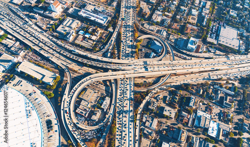 Aerial view of a freeway intersection in Los Angeles