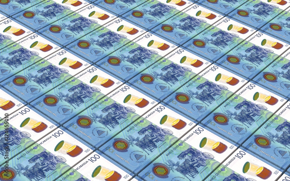 Nicaraguan cordoba bills stacks background. 3D illustration.