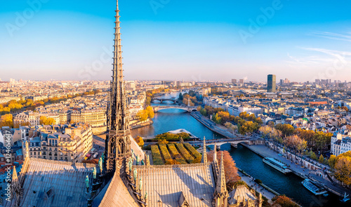 Aerial panorama from Notre Dame de Paris,France, with Seine river and autumn colors.