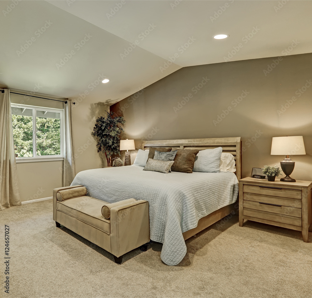 Elegant beige and brown bedroom interior with pale blue bedding Stock