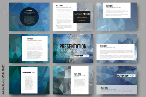 Set of 9 templates for presentation slides. Abstract blue polygonal background, colorful backdrop, modern stylish vector texture.