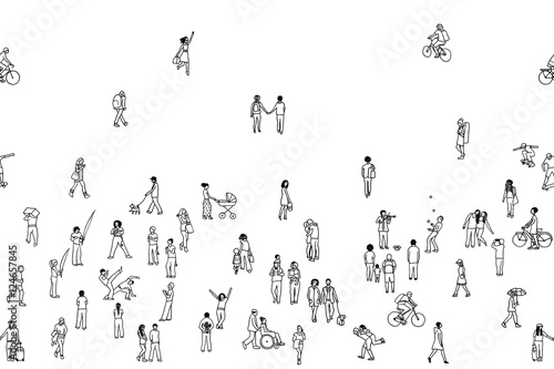 Seamless banner of tiny people, can be tiled horizontally: pedestrians, people in the street, a diverse collection of tiny hand drawn men and women walking through the city