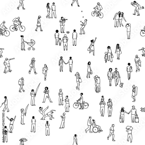 Seamless pattern of tiny people: pedestrians, people in the street, a diverse collection of tiny hand drawn men and women walking through the city