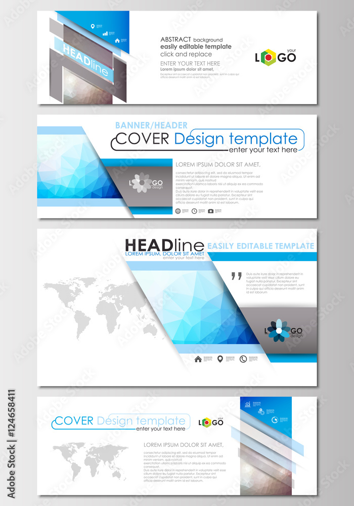 Modern social media banners, email headers. Business templates. Cover design, easy editable, flat layout in popular formats. Abstract triangles, blue triangular background, colorful polygonal vector.