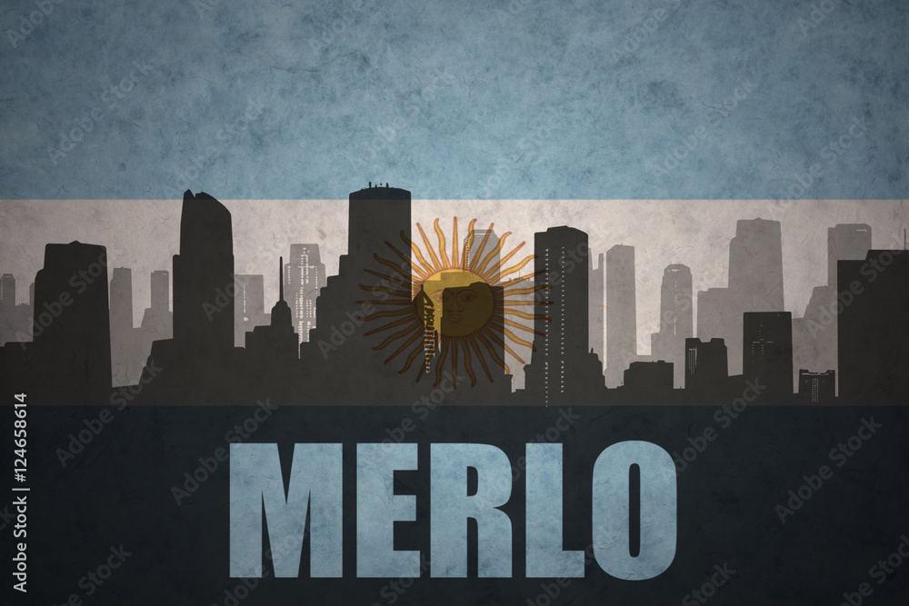 abstract silhouette of the city with text Merlo at the vintage argentinean flag