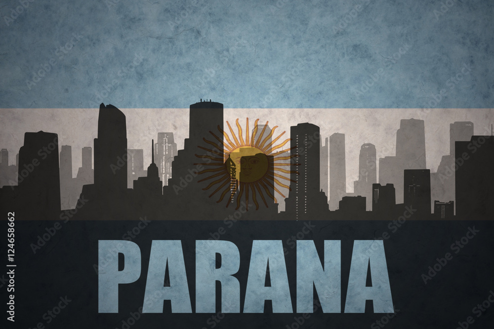 abstract silhouette of the city with text Parana at the vintage argentinean flag