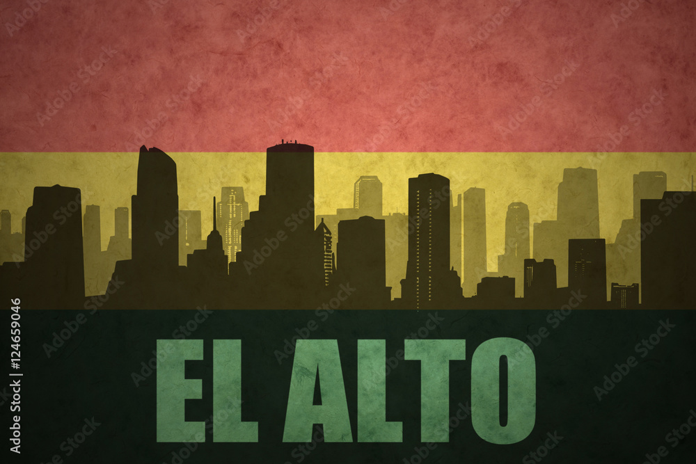 abstract silhouette of the city with text El Alto at the vintage bolivian flag