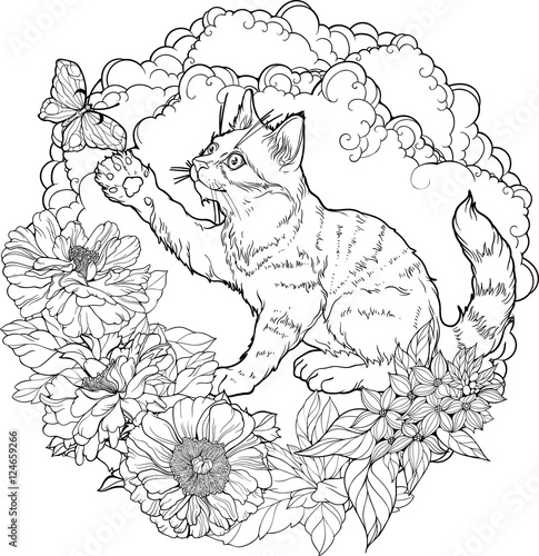 Black and white illustration of cat playing with butterfly