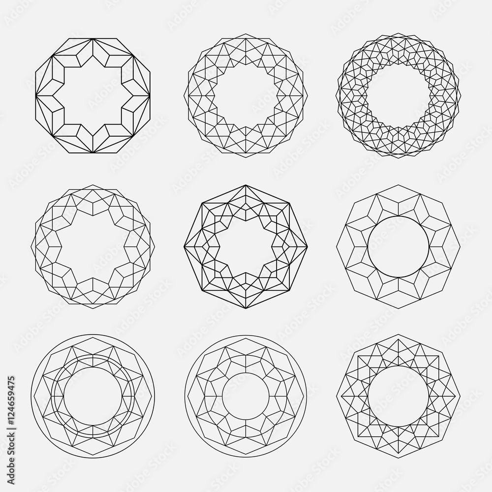Linear shapes. Sacred geometry. Circle shapes set. Crystal forms. Black ...