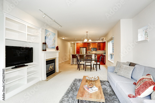 Bright white living room with artificial fireplace