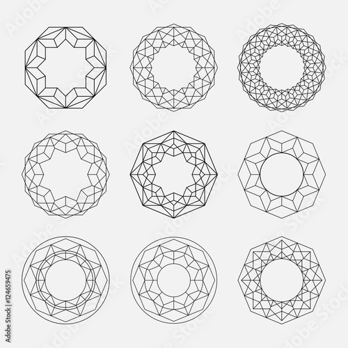 Linear shapes. Sacred geometry. Circle shapes set. Crystal forms. Black and white. Outline Mandala frames. Crystal form.