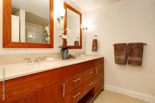 View of modern bathroom vanity cabinet