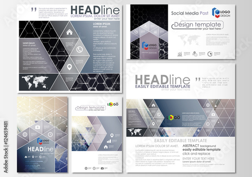 Social media posts set. Business templates. Cover design template, easy editable layouts in popular formats. Chemistry pattern, hexagonal molecule structure. Medicine, science and technology concept.